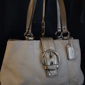 Coach Leather Shoulder Bag Cream w/ Metallic Trim Buckle Detail